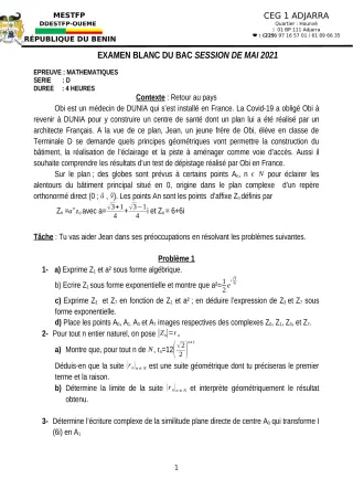 Première page de Examen Blanc de MATHS GENE — Tle D — CEG1 Adjarra (2020)