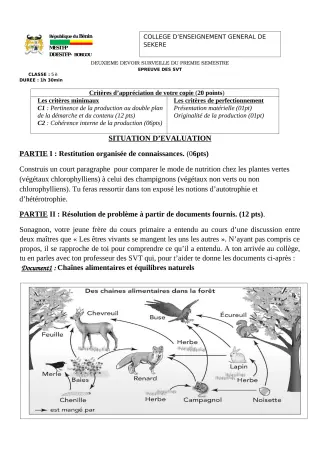 Première page de SVT 5e — 2e devoir surveillé (2022-2023) · CEG SEKERE
