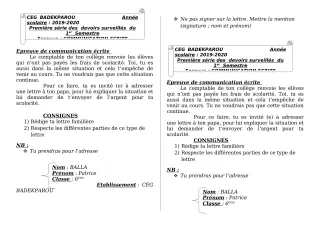 Première page de Français 6e, 5e, 4e, 4e ML, 3e, 3e ML — 1er devoir surveillé, 1er semestre (2019-2020) · CEG BADEKPAROU