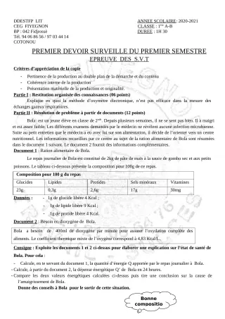 Première page de SVT 1ère A2, 1ère B — 1er devoir surveillé, 1er semestre (2020-2021) · CEG FIYEGNON