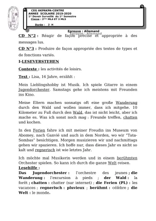 Première page de Allemand 3e ML — 1er devoir surveillé, 1er semestre (2019-2020) · CEG 1 Akpakpa-Centre