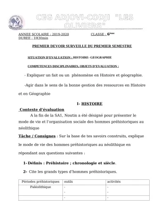 Première page de Histoire-Géographie 6e — 1er devoir surveillé, 1er semestre (2019-2020) · CEG ADJOVICODJI 'LES OLIVIERS'