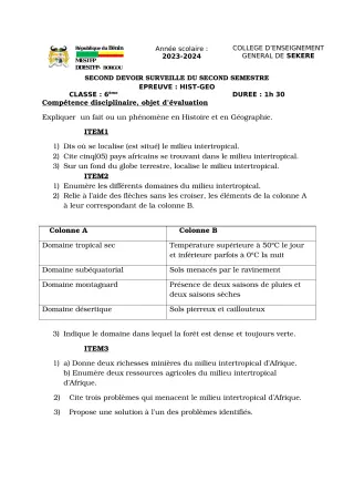 Première page de Histoire-Géographie 6e — 2e devoir surveillé, 2e semestre (2023-2024) · CEG SEKERE