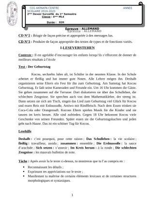 Première page de Allemand 4e ML — 2e devoir surveillé, 1er semestre (2019-2020) · CEG 1 Akpakpa-Centre