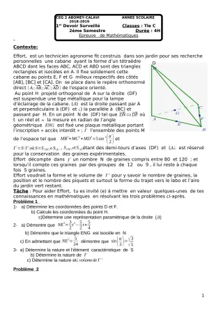 Première page de Mathématiques Tle C — 1er devoir surveillé, 2e semestre (2018-2019) · CEG2 ABOMEY - CALAVI (CEG ZOCA)