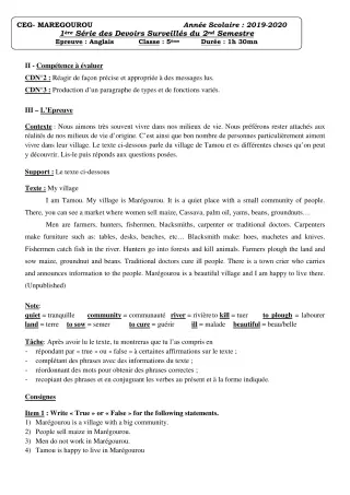 Première page de Anglais 5e — 1er devoir surveillé, 2e semestre (2019-2020) · CEG MAREGOUROU