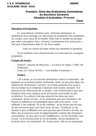 Première page de Français 1ère A, 1ère D — 1re évaluation sommative, 2e semestre (2018-2019) · CEG Kpanroun