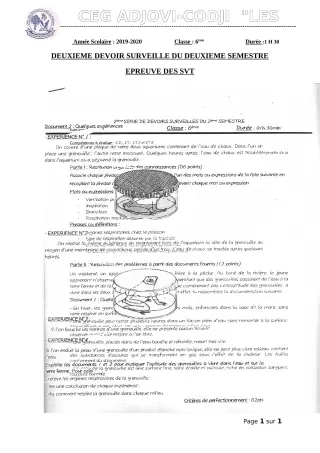 Première page de SVT 6e — 2e devoir surveillé, 2e semestre (2019-2020) · CEG ADJOVICODJI 'LES OLIVIERS'