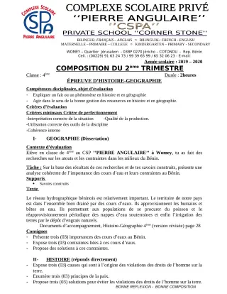 Première page de Histoire-Géographie 4e, 4e ML — Composition (2019-2020) · CPEG PIERRE ANGULAIRE