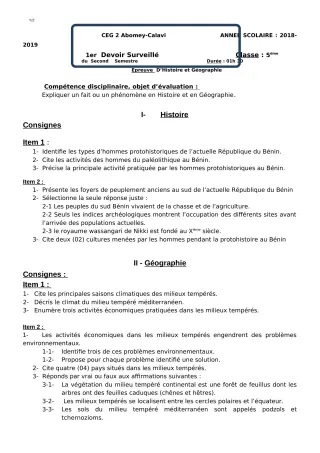 Première page de Histoire-Géographie 5e — 1er devoir surveillé (2018-2019) · CEG2 ABOMEY - CALAVI (CEG ZOCA)
