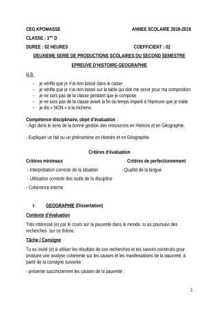 Première page de Histoire-Géographie 1ère D — 2e production scolaire, 2e semestre (2018-2019) · CEG Kpomassè