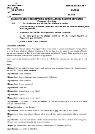 Première page de Français 4e, 4e ML — 2e devoir surveillé, 2e semestre (2019-2020) · CEG HOUEYIHO