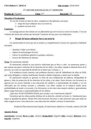 Première page de Espagnol 3e ML — 2e devoir surveillé, 2e semestre (2018-2019) · CEG Hubert C. MAGA