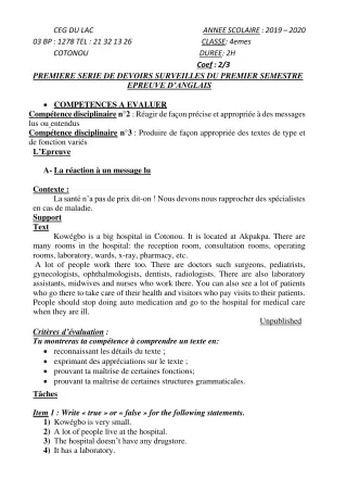 Première page de Anglais 4e, 4e ML — 1er devoir surveillé, 1er semestre (2019-2020) · CEG du Lac
