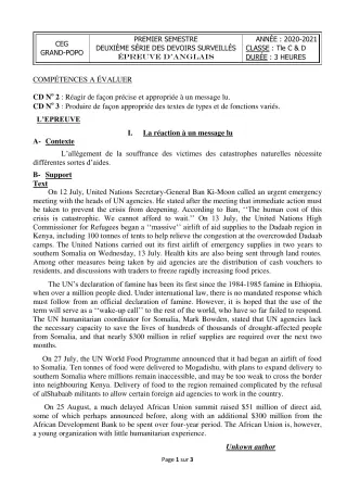 Première page de Anglais Tle D — 2e devoir surveillé, 1er semestre (2020-2021) · CEG Grand-Popo