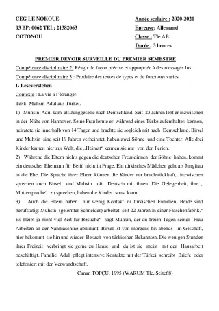 Première page de Allemand Tle A1, Tle A2, Tle B — 1er devoir surveillé, 1er semestre (2020-2021) · CEG LE NOKOUE