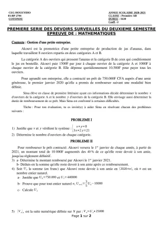 Première page de Mathématiques 1ère A, 1ère A1, 1ère A2, 1ère B — 1er devoir surveillé, 2e semestre (2020-2021) · CEG HOUEYIHO