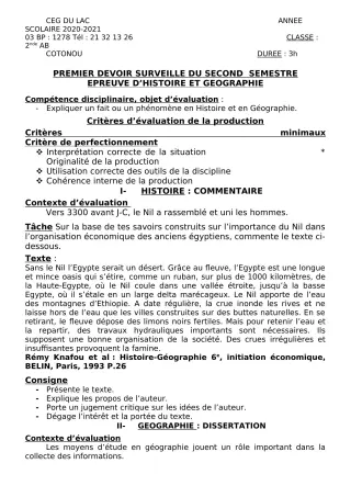 Première page de Histoire-Géographie 2nde A, 2nde B — 1er devoir surveillé, 2e semestre (2020-2021) · CEG du Lac