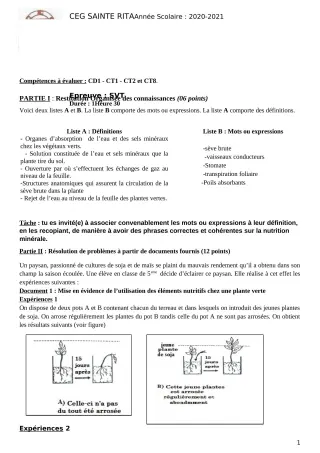 Première page de SVT 5e — Production scolaire, 1er semestre (2020-2021) · CEG Sainte Rita