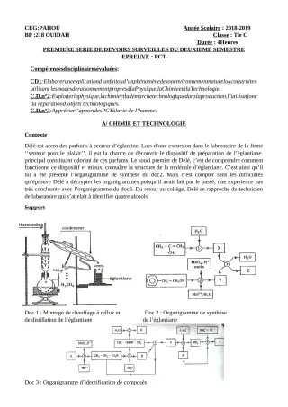 Première page de PCT Tle C — 1er devoir surveillé, 2e semestre (2018-2019) · CEG PAHOU