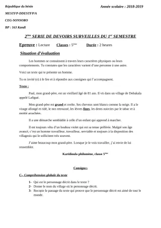 Première page de Français 5e — 2e devoir surveillé, 1er semestre (2018-2019) · CEG SONSORO