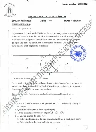 Première page de Mathématiques 6e — Devoir surveillé, 2e trimestre (2020-2021) · CPEG ROSAIRE