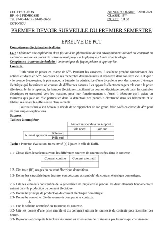 Première page de PCT 5e — 1er devoir surveillé, 1er semestre (2020-2021) · CEG FIYEGNON