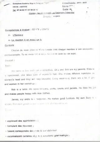 Première page de Anglais 6e — 1er devoir surveillé (2019-2020) · CPEG SEGUIN SENGHOR