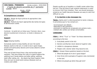 Première page de Anglais 4e — 1er devoir surveillé, 1er semestre (2019-2020) · CEG BAKA