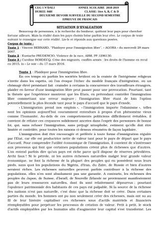 Première page de Français 1ère A1, 1ère A2, 1ère B, 1ère C, 1ère D — 2e devoir surveillé, 2e semestre (2018-2019) · CEG 1 N'Dali