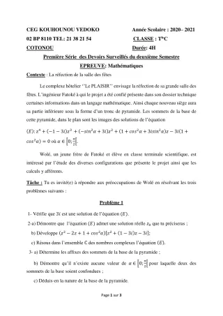 Première page de Mathématiques Tle C — 1er devoir surveillé, 2e semestre (2020-2021) · CEG Kouhounou-Vêdoko