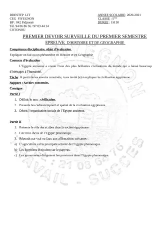 Première page de Histoire-Géographie 5e — 1er devoir surveillé, 1er semestre (2020-2021) · CEG FIYEGNON