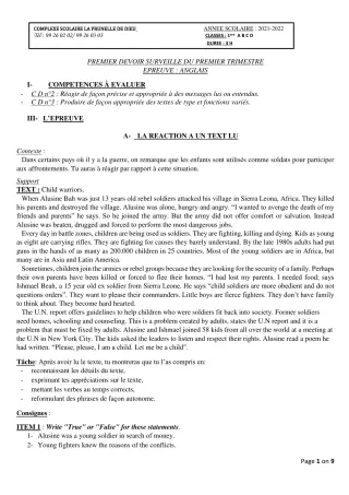 Première page de Anglais 2nde B, 2nde D, 1ère B, 1ère D, Tle A2, Tle B, Tle D — 1er devoir surveillé, 1er trimestre (2021-2022) · CEPG La Prunelle de Dieu