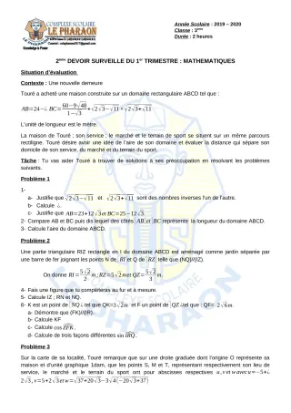 Première page de Mathématiques 3e, 3e ML — 2e devoir surveillé, 1er trimestre (2019-2020) · CPEG LE PHARAON
