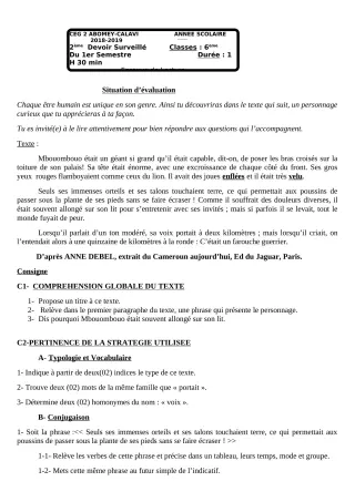 Première page de Français 6e — 2e devoir surveillé, 1er semestre (2018-2019) · CEG2 ABOMEY - CALAVI (CEG ZOCA)