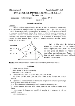 Première page de Mathématiques 2nde D — 1er devoir surveillé, 1er semestre (2018-2019) · CEG Lissazounmè