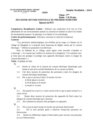 Première page de PCT 5e — 2e devoir surveillé, 1er semestre (2019-2020) · CEG GBEGAMEY