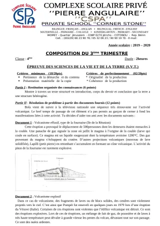 Première page de SVT 4e, 4e ML — Composition, 3e trimestre (2019-2020) · CPEG PIERRE ANGULAIRE