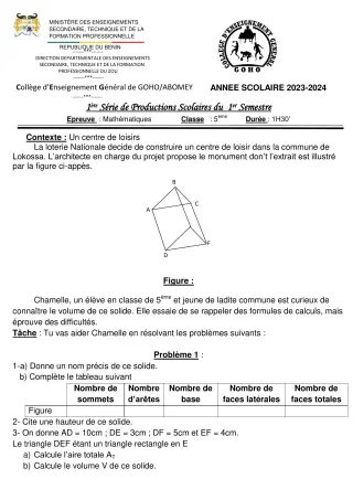 Première page de Mathématiques 5e — 1re production scolaire, 1er semestre (2023-2024) · CEG GOHO