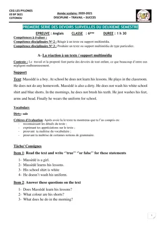 Première page de Anglais 6e, 5e, 4e, 3e, 3e ML, 2nde A & B, 2nde A1, 2nde A2, 2nde B, 2nde C, 2nde D, 1ère A1, 1ère A2, 1ère B, 1ère C, 1ère D, Tle A1, Tle A2, Tle B, Tle C, Tle D — 1er devoir surveillé, 2e semestre (