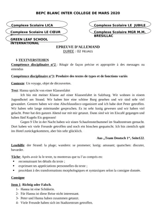 Première page de Examen Blanc de ALLEMAND — 3e ML — CPEG LICA (2019)
