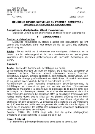 Première page de Histoire-Géographie 5e — 2e devoir surveillé, 1er semestre (2019-2020) · CEG du Lac