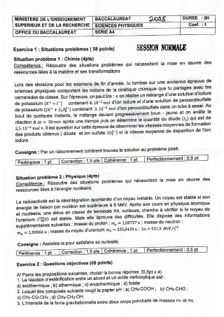 Première page de Épreuve de Sciences Physiques – Baccalauréat 2025 – Série A4 – Togo