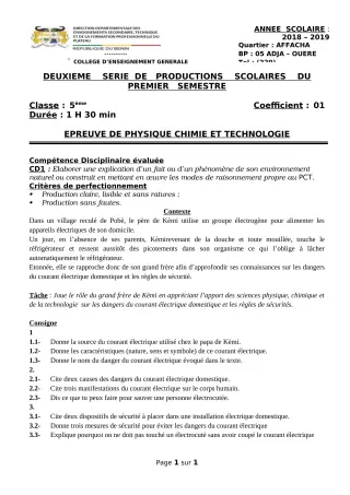 Première page de PCT 5e — Production scolaire, 1er semestre (2018-2019) · CEG Adja - Ouèrè