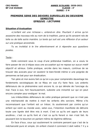 Première page de Français 4e — 1er devoir surveillé, 2e semestre (2020-2021) · CEG PAHOU