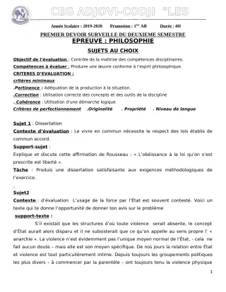 Première page de Philosophie 1ère B — 1er devoir surveillé, 2e semestre (2019-2020) · CEG ADJOVICODJI 'LES OLIVIERS'
