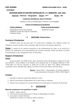 Première page de Histoire-Géographie 4e, 4e ML — 2e devoir surveillé, 1er semestre (2019-2020) · CEG ZOGBO