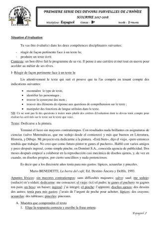 Première page de Espagnol 3e ML — 1er devoir surveillé (2017-2018) · CEG1 Covè