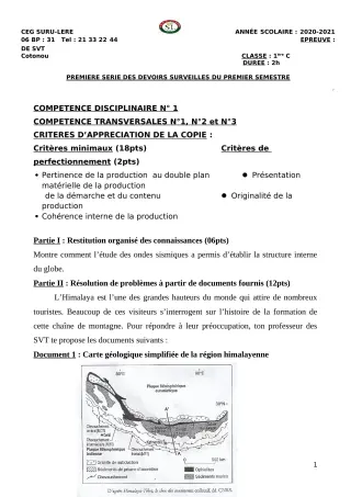 Première page de SVT 1ère C — 1er devoir surveillé, 1er semestre (2020-2021) · CEG SURU-LERE