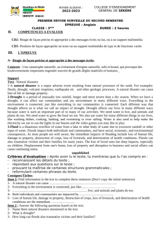 Première page de Anglais 3e — 1er devoir surveillé, 2e semestre (2022-2023) · CEG SEKERE